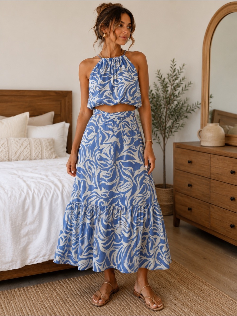 Blue & White Printed Halter Maxi Skirt Set